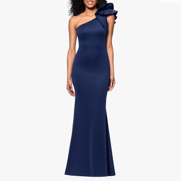 Betsy & Adam - "Daisy" Long Scuba Crepe One Shoulder Dress - Picture 1 of 15